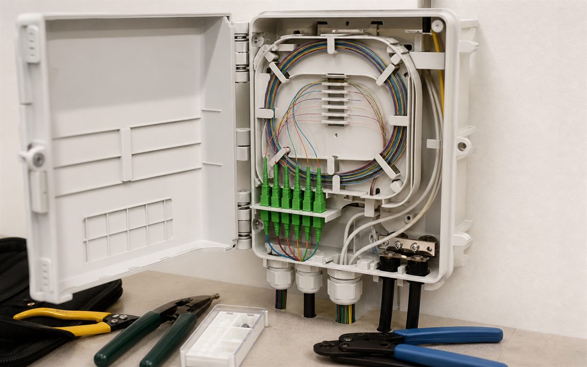 Boîtier fibre optique ouvert avec fibres organisées