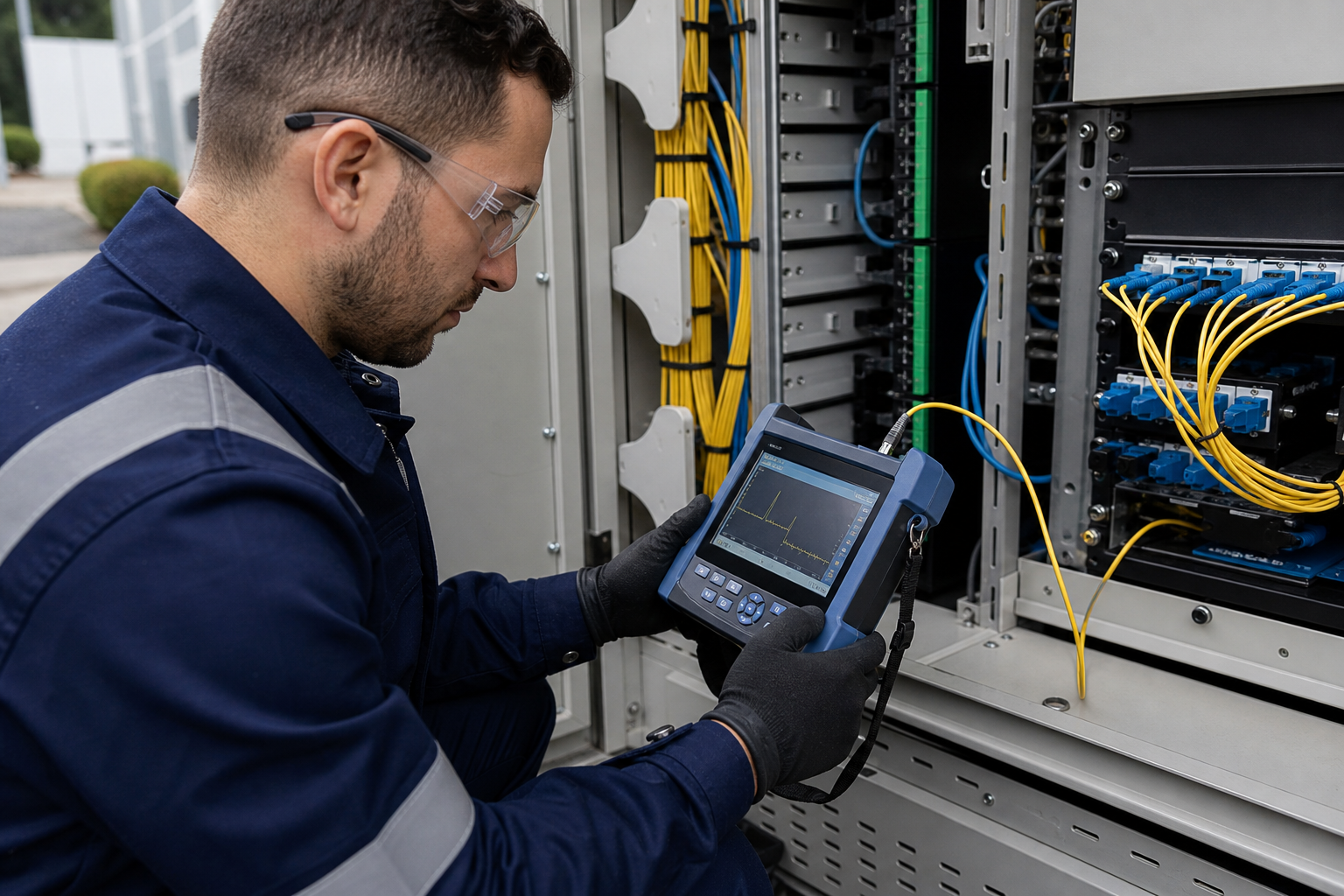 Technicien contrôlant une installation fibre optique avec appareil de mesure