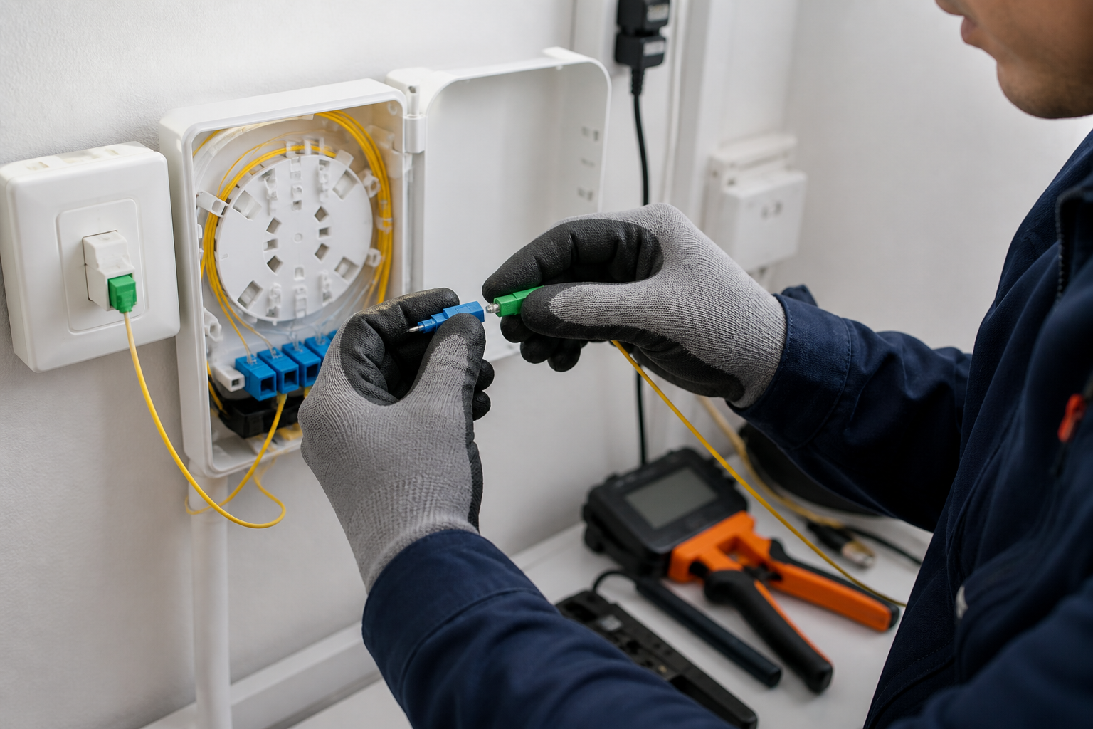 Technicien réalisant un raccordement fibre optique client